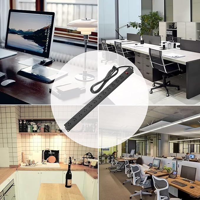 HHSOET Aluminum Wall Mount Power Strip - 12 AC Outlets, 15 FT Cord, 15A 125V Switch