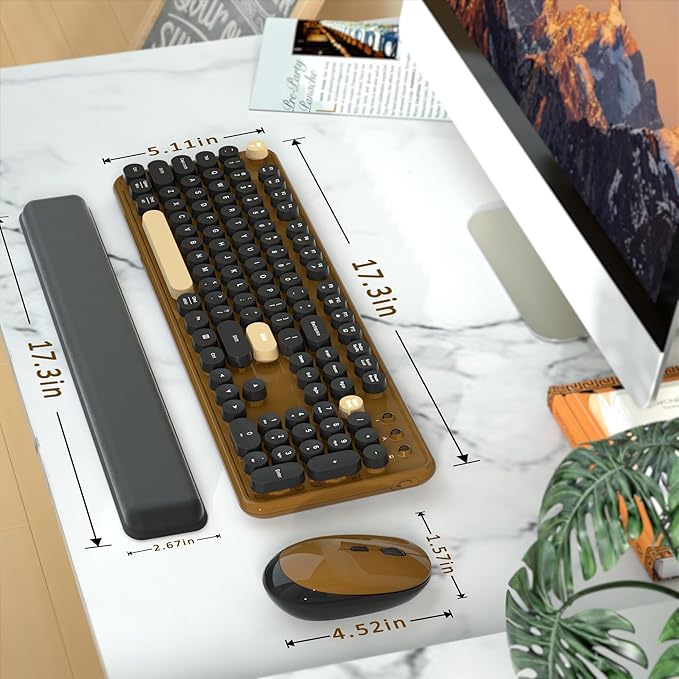 Wireless Computer Keyboards Mouse Combos, COVEVA Colorful Typewriter Retro Keyboard with Round Keycaps, USB Keyboard and Mouse Set 2.4GHz Full-Size Wireless Keyboard and Optical Mouse(Black-Coffee)