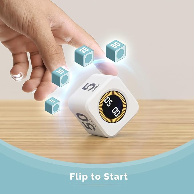 KADAMS Pomodoro Cube Timer Productivity Visual Timer - 5/10/25/50 Min Rotating Countdown, Customize Countup Silent Mode- for Work Study Cook Workout Kitchen Back to School Classroom (White)