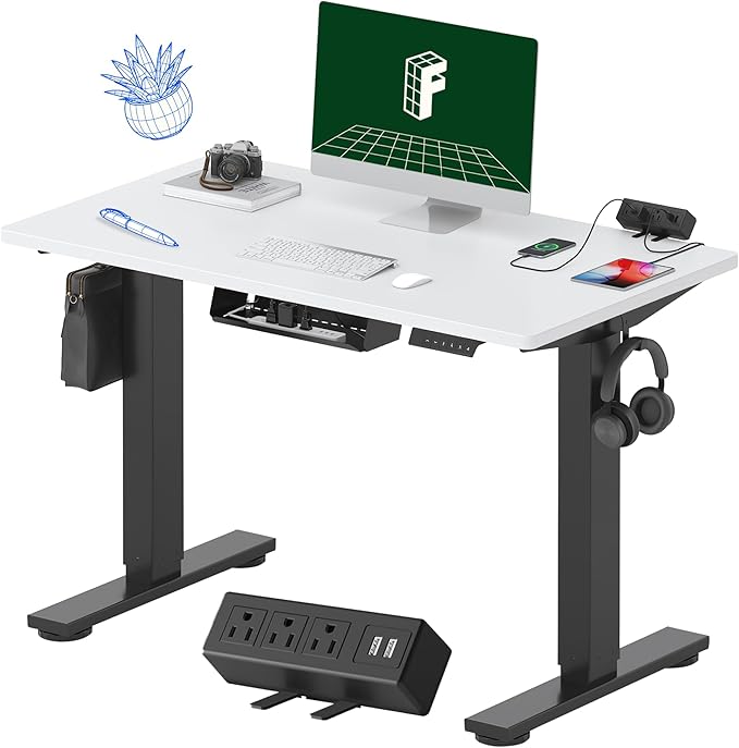 FLEXISPOT EN2 Whole-Piece Standing Desk with Clamp Power Strip, 40 x 24 Electric Stand Up Height Adjustable Desk with Cable Management (Black Frame + White Top, 2 Packages)