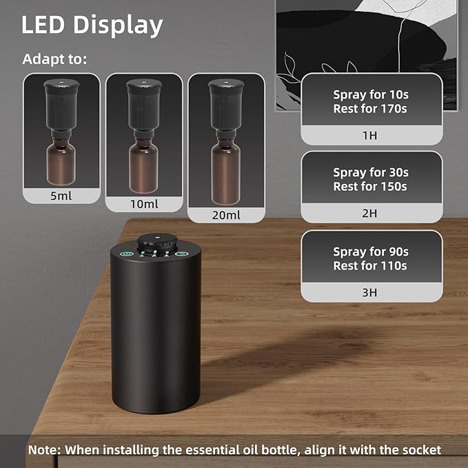 Waterless Essential Oil Diffuser Battery Operated Cordless Aromatherapy Diffuser with Timing & 3 Mist Levels car Diffuser,Black Aluminum Alloy (E10-2A)