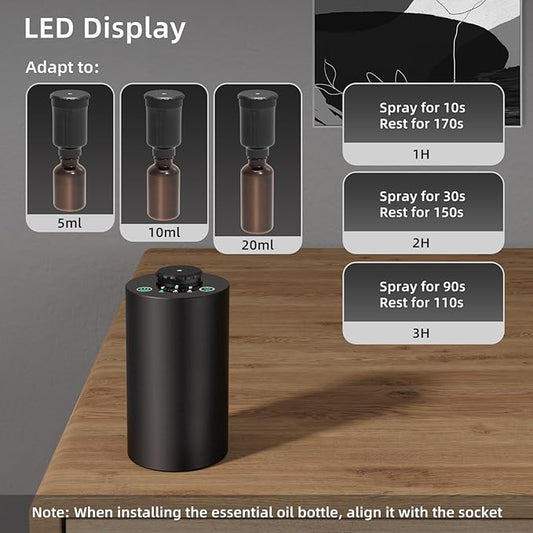 Waterless Essential Oil Diffuser for Home Battery Operated Cordless Scent Diffuser with Timing & 3 Mist Levels car Diffuser,Black Aluminum Alloy