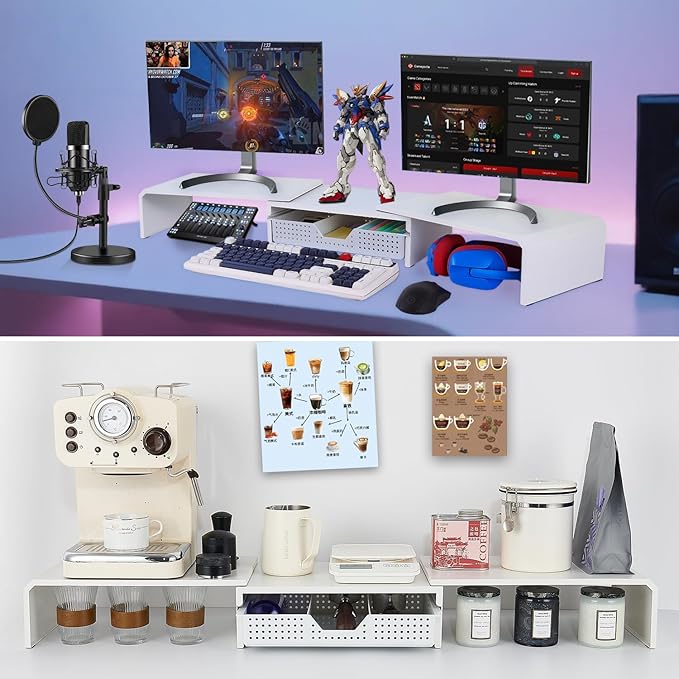 Dual Monitor Stand Riser with Drawer, Desk Organizer and Accessories, Metal Laptop Stand for Desk, Workspace Desktop Stand for Computer, Laptop, TV and More (White)