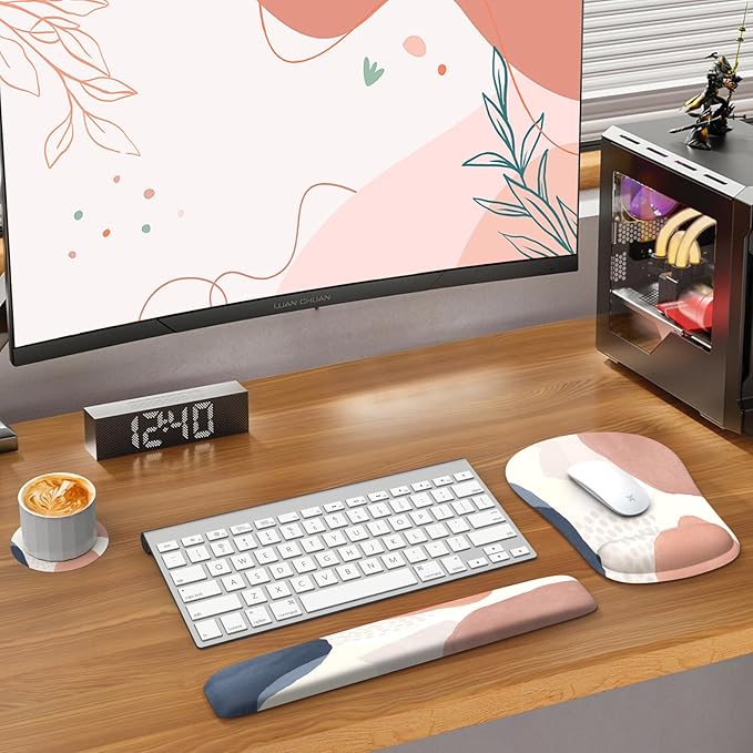 HAOCOO Mouse Pad with Wrist Rest, Keyboard Wrist Rest, Gel Wrist Rest for Computer Keyboard, Ergonomic Mousepad and Keyboard Wrist Rest, Gaming Mouse Pad Set for Office Home, Pink Boho
