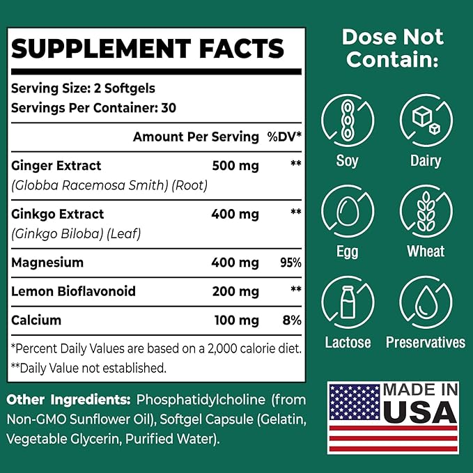 Liposomal Vertigo Supplement, High Absorption Formula with Ginkgo Biloba, Ginger Extract & Magnesium, Natural Wellness Supplement, Relaxation and Calm, 60 Softgels