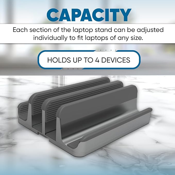 Elestoria 4 Device Vertical Laptop Stand – Adjustable Desktop Dock for MacBook, Dell, HP, Lenovo, iPad, Tablets & Phones – Multiple Slot Holder (Fits Up to 17.3") – Gray