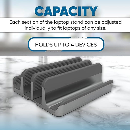 Elestoria 4 Device Vertical Laptop Stand – Adjustable Desktop Dock for MacBook, Dell, HP, Lenovo, iPad, Tablets & Phones – Multiple Slot Holder (Fits Up to 17.3") – Gray