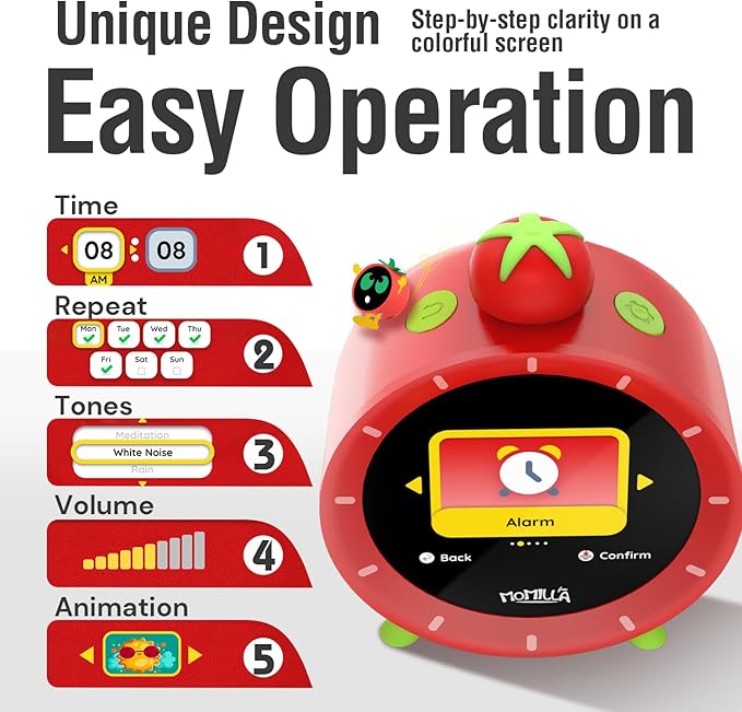 MOMILLA Kids Alarm Clock for Bedrooms, Colorful Display 7-Day Programmable 4 Alarms, Easy Visual Timer with White Noise, Cute Small Digital Clock, Gifts for Girls Boys Adults, Loud for Heavy Sleepers