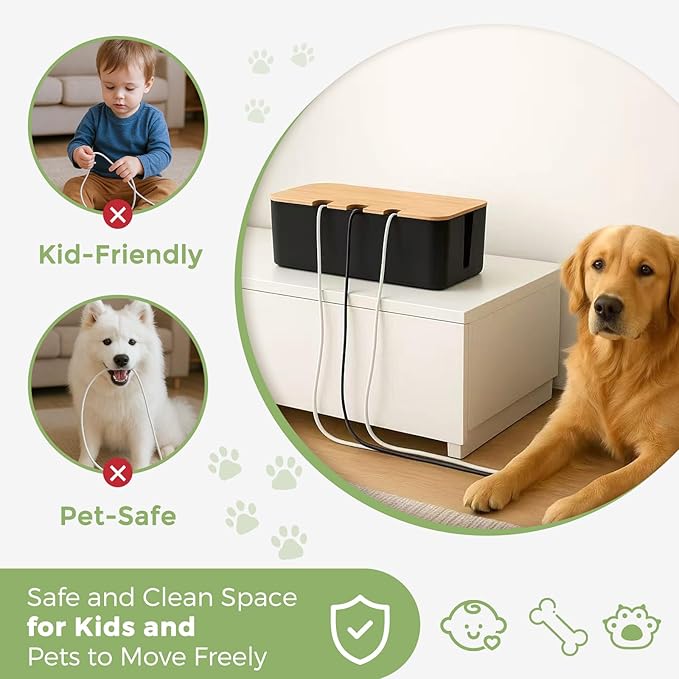 Cable Management Box, Cord Cable Organizer Box with Bamboo Lid, Under Desk Cable Management with 10 Cable Ties and 2 Cable Clip Holders for TV Router Computer USB Hub Black