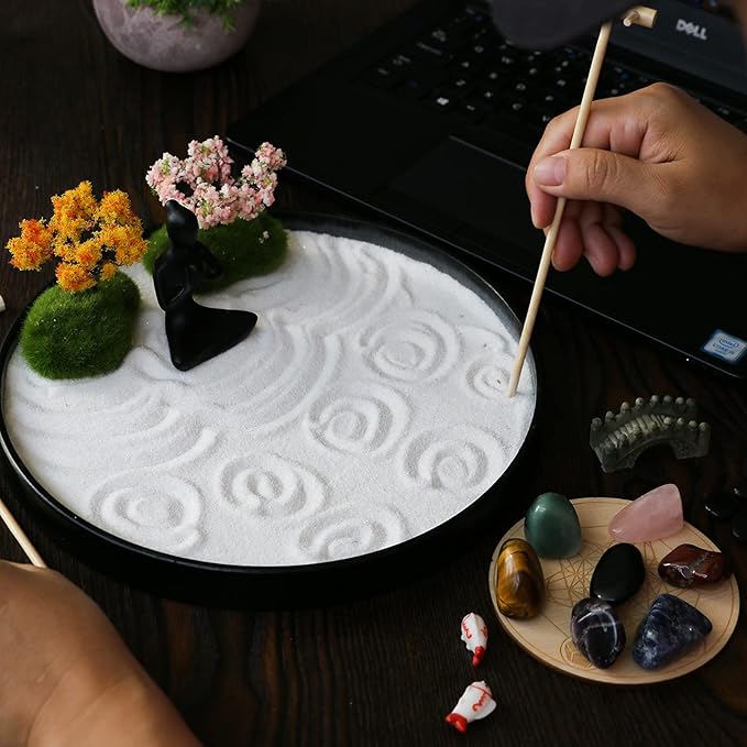 Zen Garden for Desk Tabletop Chakra Zen Healing Gifts Sand Tray Therapy Kit Set Japanese Decoration Crystal Quartz Rock Mini Garden Home Office Stress Relief Spiritual Decor Healing Gifts for Yoga