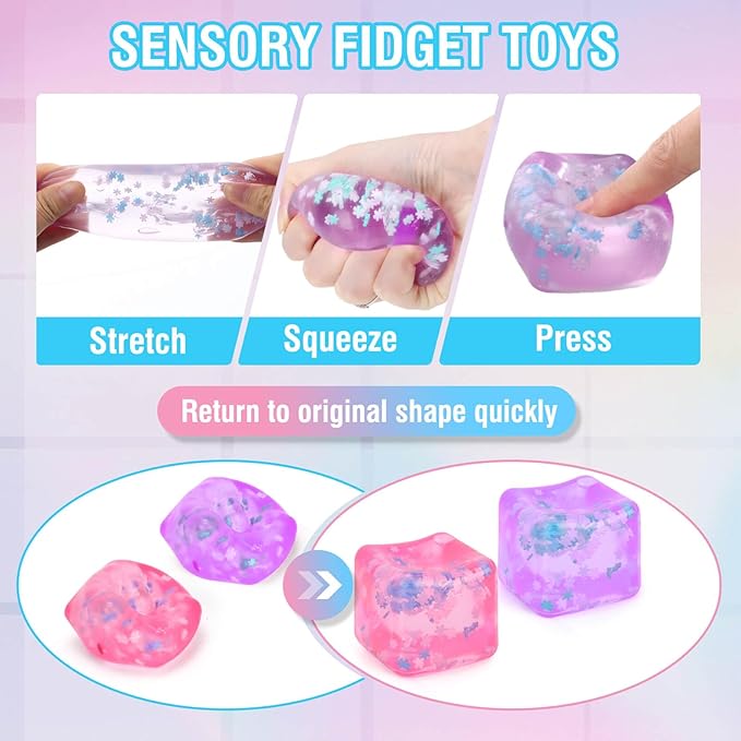 Fidget Toy for All Ages: 2 Pack Soft Sensory Fidget Ice Cube Stress Ball Squishy Cube Stress Relief Toys for Kids, Teens and Adults Party Favors, Birthday Gift for Kids Age 3+, Purple Pink
