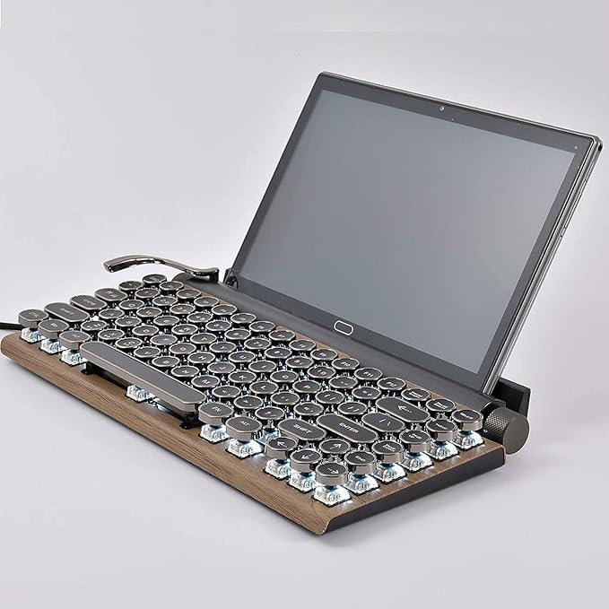 Adventurers Typewriter-Style Retro Mechanical Keyboard LED Backlight 83 Keys Bluetooth 5.0 Blue Axis Wood Color Panel Compatible with iOS/Android/Windows/Vista/Linux/Mac Office/Gaming, 12.8x6.6x1.6in