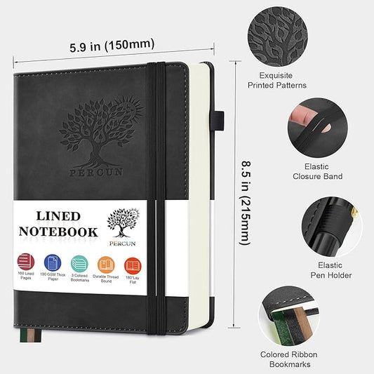PERCUN Lined Journal Notebook for Men & Women, 160 Pages College Ruled Journal for Writing, A5 Hardcover Leather Notebooks for Work, School, Business, Travel, Daily Diary 5.9" x 8.5" - Black