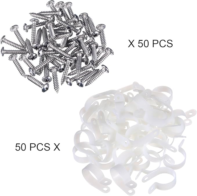 Hicarer 50 Pack R-Type Cable Clip Wire Clamp, Nylon Screw Mounting Cord Fastener Clips with 50 Pack Screws for Wire Management (White, 1 Inch)