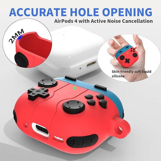 DamonLight Game Case for AirPods 4 Cover Shock-Proof Protective Silicone Case with Cleaning Pen and Keychain Accessories for Apple Airpods 4th Generation (Red & Blue)