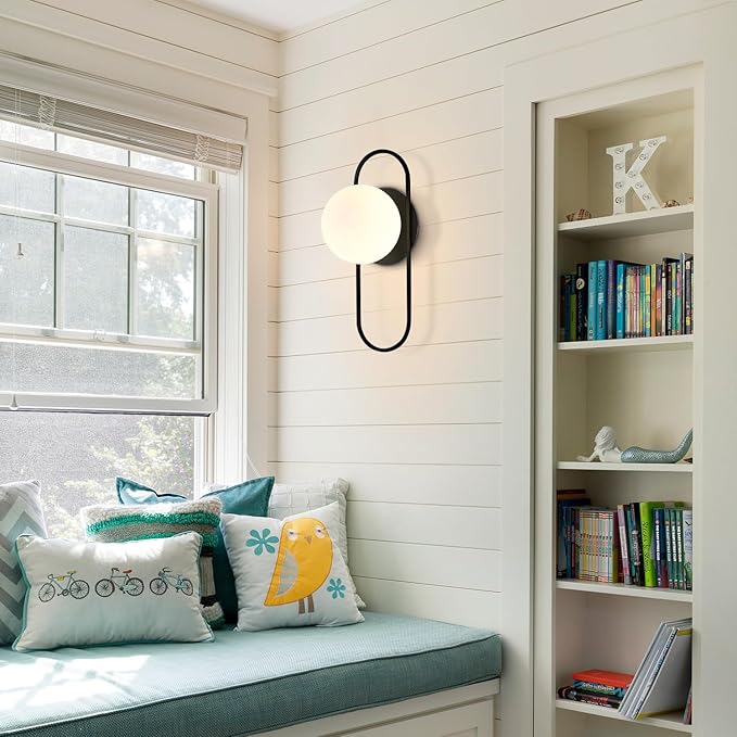 Mid Century Modern Round Wall Sconce 1-Lights Black Globe Wall Sconce Lighting Minimalist Vanity White Glass Bathroom Wall Lamp Farmhouse Bedroom Bar Wall Light