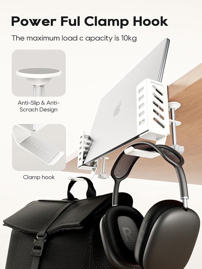 Desk Side Laptop Holder, Desk Side Storage, No Drill Side Desk Organizer, Side Desk Laptop Mount, Tablets Hanging Holder, Clamp on Desk Organizer for Laptops/Tablets/Keyboards/Headphone, White