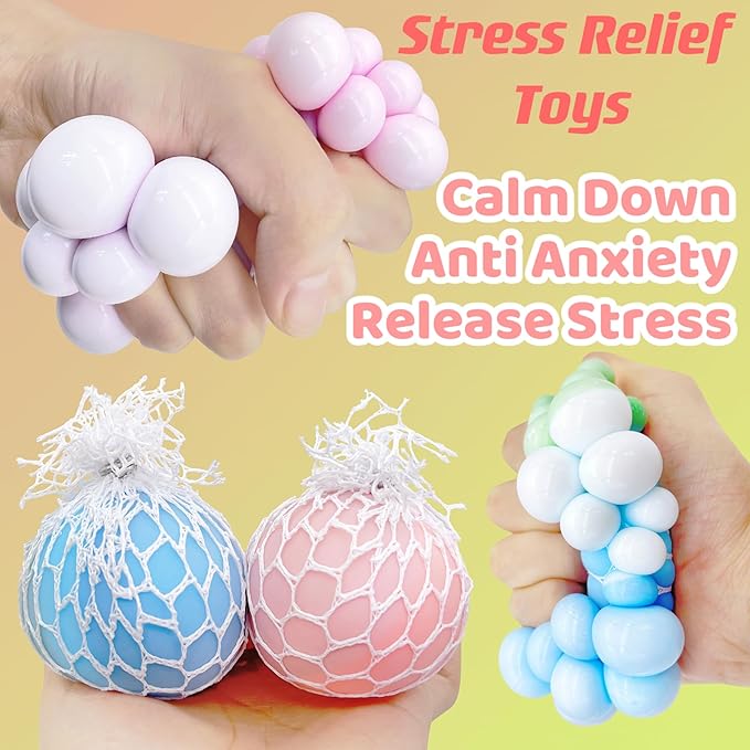Stress Balls for Kids Fidget Toys Adults Mesh Grape Stress Ball (4Pack) Squishy Toys Fidget Squish Dough Ball Autism Sensory Toys for Autistic Children Stress Relief Toy Party Favors for 8-12