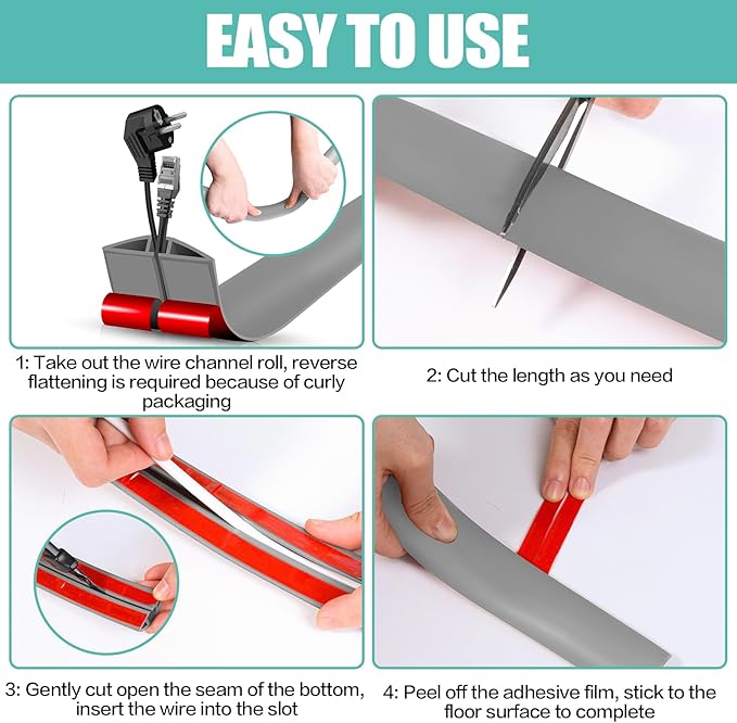 Floor Cord Cover Self Adhesive Cord Hider,10FT Cable Management, Extension Strip Protector for Wires, Prevent Cable Trips for Offices, Gyms, Exhibitions Cavity:0.3"(W) x 0.28"(H) Gray