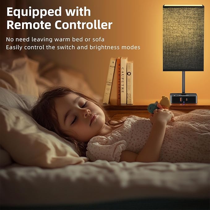 cozoo USB Bedside Table Desk Lamp with 2 USB Charging Ports and 2 Outlets Power Strip,Black Charger Base with Black Fabric Shade, LED Light for Bedroom/Nightstand/Living Room
