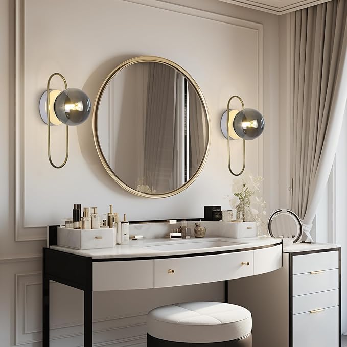 Modern Brass Wall Sconce Mid Century Glass Wall Sconces Brushed Gold Wall Lamp Vintage Wall Sconces Set of Two Hardwired Farmhouse Wall Light Fixtures (2 Pack)