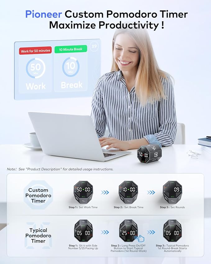 Pomodoro Timer Cube, Custom Pomodoro, Pause & Resume, Silent, Vibrate & Adjustable Sound Alert, for ADHD, Task, Work, Study, 3/5/10/15/30/45/60min & Custom Countdown,Gray