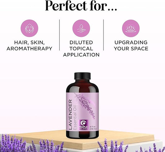 Pure Lavender Essential Oil - Lavender Oil for Hair Skin and Nails Plus Aromatherapy Diffusers Humidifiers Linens and Baths for at Home Spa Self Care - Premium Grade Non-GMO in Glass Bottle (4 Fl Oz)