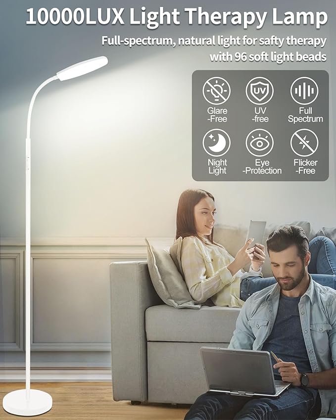 Light Therapy Lamp, 10000 Lux UV-Free Happy Therapy Lamp, Full Spectrum Sunlight Lamp with Remote Control, Light Therapy Floor Lamp with 10 Color Temperature & 6 Brightness & Timer-White