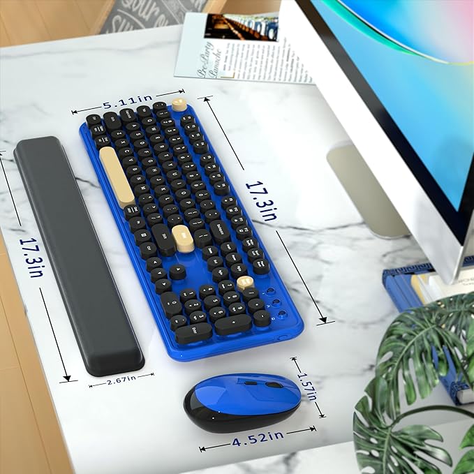 Wireless Computer Keyboards Mouse Combos, COVEVA Colorful Typewriter Retro Keyboard with Round Keycaps, USB Keyboard and Mouse Set 2.4GHz Full-Size Wireless Keyboard and Optical Mouse(Black-Blue)