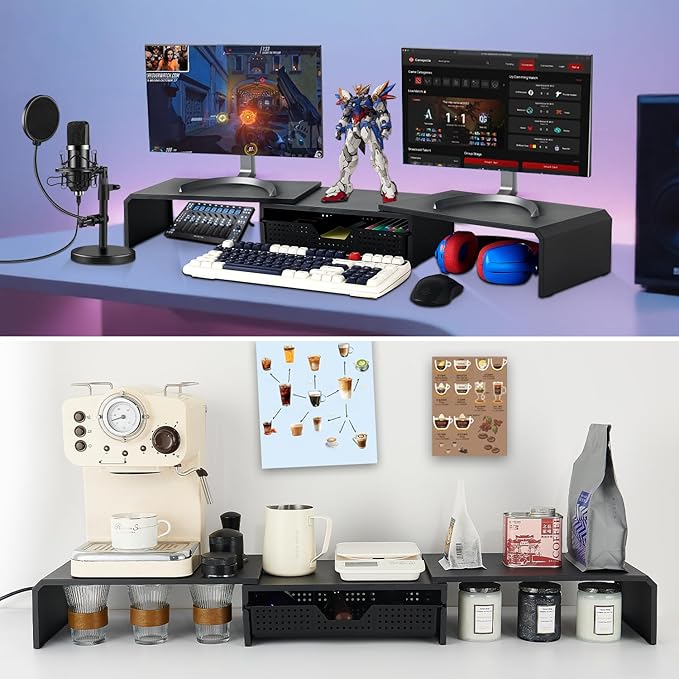 Dual Monitor Stand Riser with Drawer, Desk Organizer and Accessories, Metal Laptop Stand for Desk, Workspace Desktop Stand for Computer, Laptop, TV and More (Black)