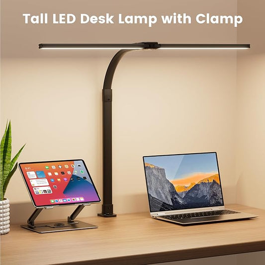 LED Desk Lamp for Home Office - 24W Computer Lamp with Remote Control, Dual Head Desk Light Bar with Clamp, 5 Color & Brightness Adjustable, Tall Flexible Task Monitor Lighting, Black