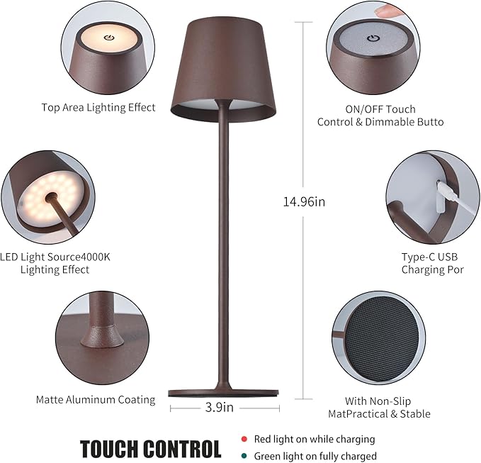 BGFHome Cordless Table Lamp LED Desk lamp,5000mAh Rechargeable Touch Night Light Wireless Minimalist Design for/Restaurant/Bedroom/Bars/Outdoor Party/Camping/Coffee Shop 2Pack