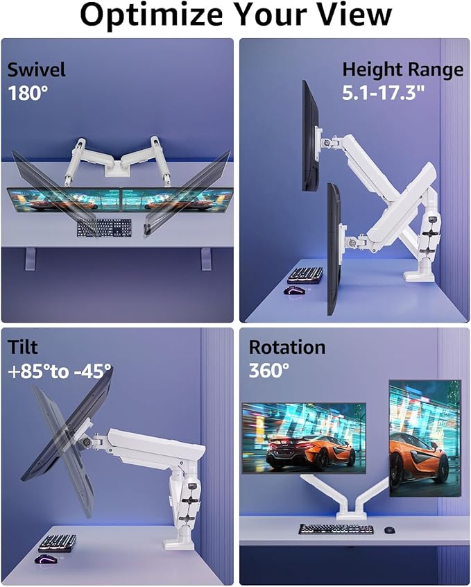 Dual Monitor Mount for 32 27 24 22inch Screens, Gas Spring Monitor Stand for 2 Monitor, Full Adjustable Monitors Desk Mount with C-Clamp&Grommet Base, Each Arm Holds 4.4-22 lbs, Freelift Pro White