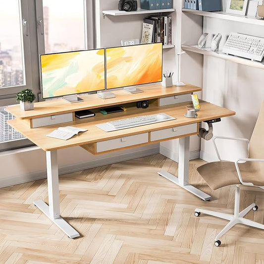 Standing Desk with Fast Charging USB Ports, 63" x 30" Height Adjustable Home Office & Gaming Desk, Sit Stand Desk with Built-in Storage Shelf, Hook & Ergonomic Design(Maple)