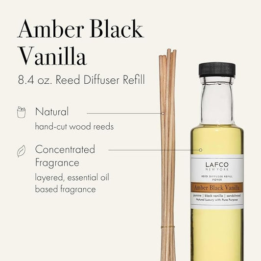 LAFCO New York Reed Diffuser Refill, Amber Black Vanilla - 8.4 oz - Up to 4-Month Fragrance Life - Includes Natural Wood Reeds - Free of Dyes & Propellants - Made in The USA
