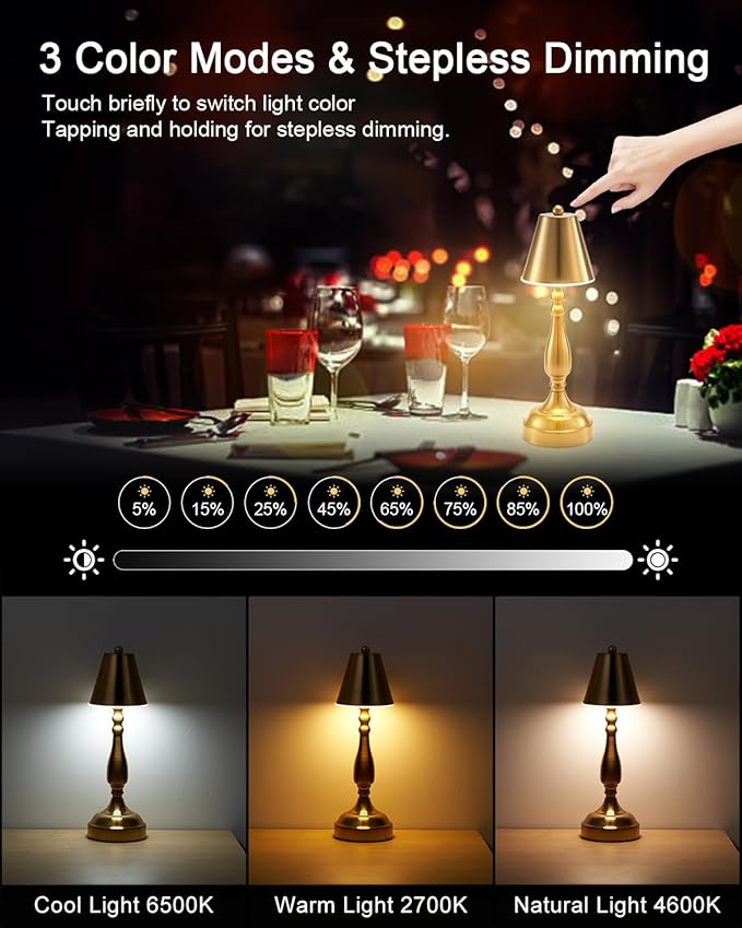 UMEXUS Small LED Cordless Table Lamp, Battery Operated Rechargeable Lamp for Restaurant Dinner, Portable 3-Way Dimmable Touch Light Vintage Metal Night Light for Bar Dining Room Bedside Patio Outdoor