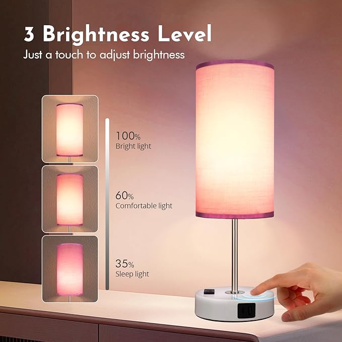 Bedside Table Lamp with USB Port - Touch Desk Lamp for Bedroom, 3 Way Dimmable Small Nightstand Lamp for Living Room, Bedroom Lamps for Room Decor, Purple