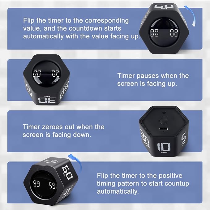 GuDoQi Rotating Pomodoro Timer 1 5 10 30 60 Min Preset, Hexagon ADHD Flip ProductivityTimer Tool Pause, Vibration, Mute, Adjustable Sound Alert for Work, Study, Back to School, Kitchen, Black