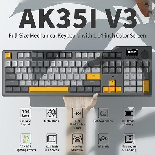 DAIDAI×AJAZZ AK35I V3 Full Size Hot Swap Mechanical Gaming Keyboard with Screen & Knob 2.4G/BT/USB-C Gasket Keyboard FR4 Plate 8000mAh Battery South Facing LED RGB(Avocado Axis)