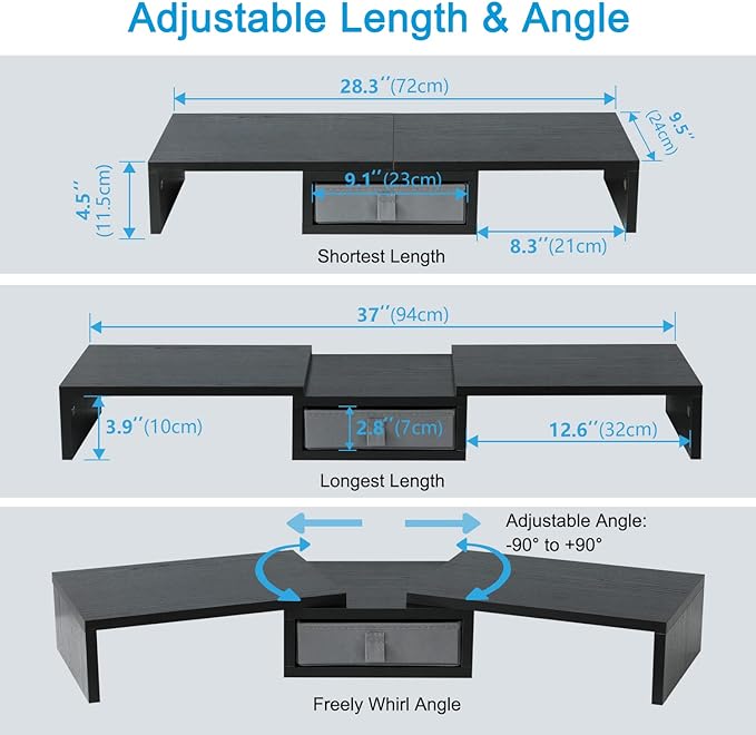 TEAMIX Dual Monitor Stand Riser with Drawer - Length and Angle Adjustable Double Monitor Riser Corner Desk Shelf Organizer 37 inch Long Monitor Riser for 2 Monitors/Laptop/PC/Screen/TV