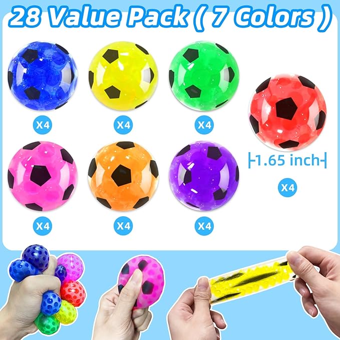 28 Pack Stress Balls Set Fidget Toys, Halloween Party Favors for Kids School Class Birthday Gifts, Colorful Soccer Stress Relief Fidget Toys for Kids Boys Girls Stress Bulk Goodie Bag Stuffers