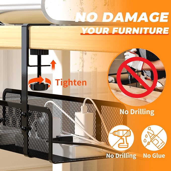 Under Desk Cable Management Tray, Wire Management Desk Cable Organizer Cable Management Box, Cord Organizer Under Desk Storage Cable Raceways for Office, Home - No Damage to Desk No Drill