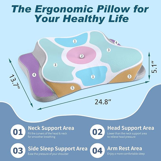 Cervical Neck Pillow for Pain Relief - Cooling Ergonomic Neck Support Pillow for Sleeping, Orthopedic Contour Memory Foam Pillows for Side, Back & Stomach Sleepers with Pillowcase (White)