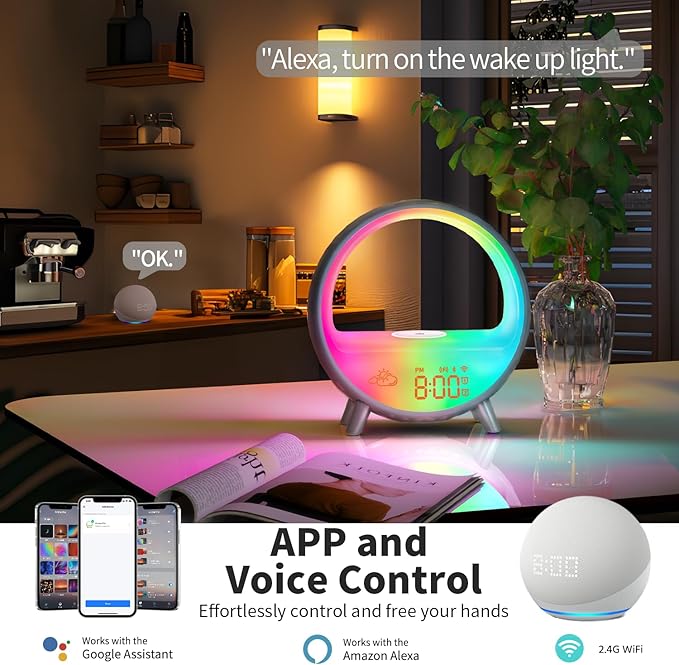 MOMILLA Smart Alarm Clock with Wireless Charging Station, Wake up Light w/Bluetooth Speaker, Compatible with Airpods/iPhone, APP Control White Noise Sound Machine, Sunrise Alarm Clocks for Bedrooms