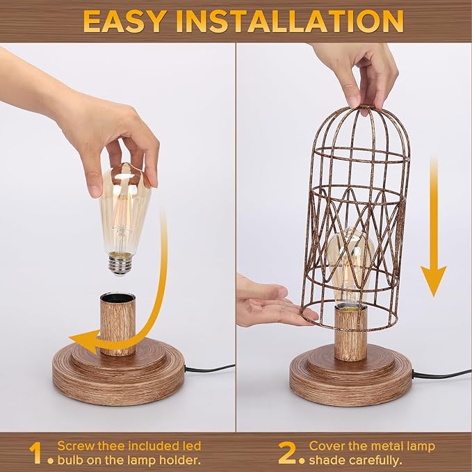 Touch Control Table Lamp for Small Spaces - 3 Way Dimmable Nightstand & Bedside Lamp for Bedroom & Living Room, Rustic Wood Cage Shade, Bulb Included