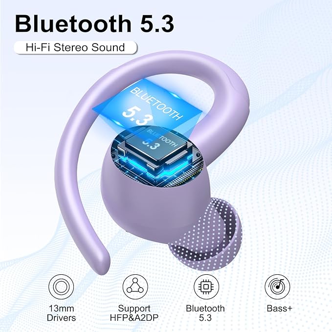 Wireless Earbuds Bluetooth 5.3 Headphones Sports, 48Hrs Playtime Bluetooth Earbuds with CVC 8.0 Mic, Stereo Bass Over Ear Bud with Earhooks, LED Display, IP7 Waterproof Earphon for Running Purple