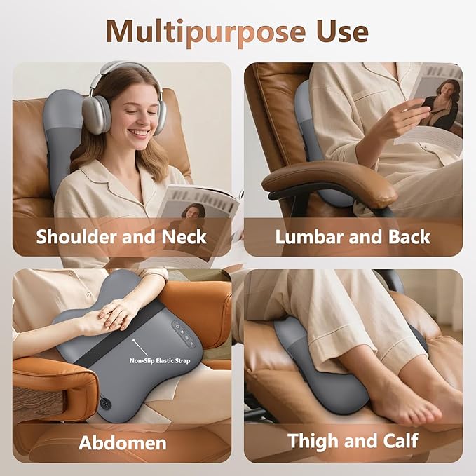 Back Massager, Shiatsu and Percussion Massage, Cordless Lower Back Massage for Pain Relief Deep Tissue, Back Massager with Heat,4D Neck Massager and Massage Pillow fror Shoulder,Grey