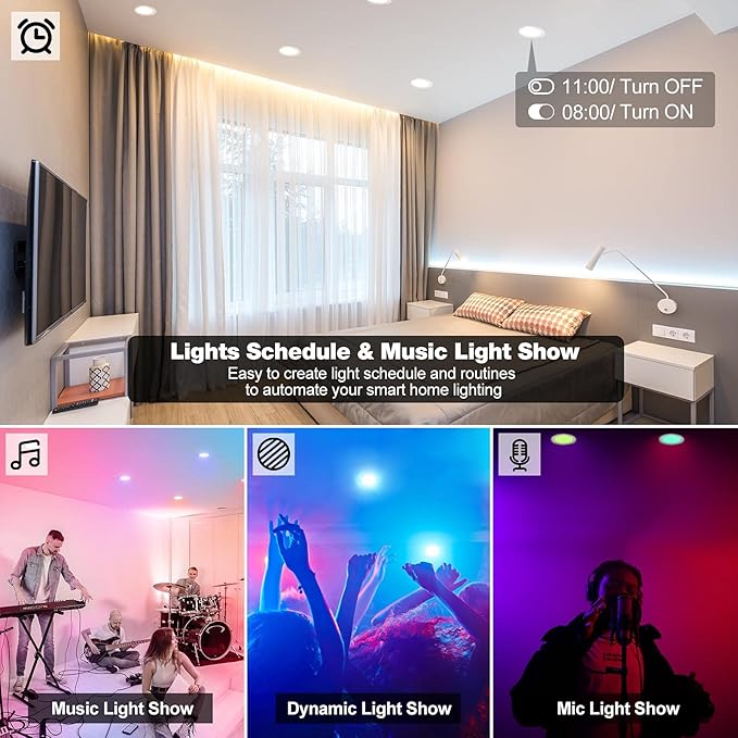 3" Smart Recessed Light 12Pack, Compatible with Alexa Google Home, WiFi & Bluetooth, RGBCW, 2700K~6500K CCT Selectable, Dimmeble, Multicolor, 3 Inch Remote Control Can-Killer LED Downlight