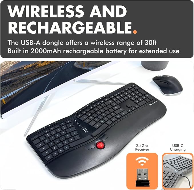 X9 Performance Ergonomic Wireless Keyboard with Trackball - Rechargeable, Backlit, Built in Mouse Buttons - 2.4G Split Keyboard Wireless for Windows PC and Chrome - All in One Typing Solution