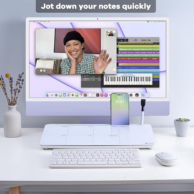 Varhomax Glass Weekly Dry Erase Desk White Board, Desktop to Do List Planner Whiteboard Calendar with Storage Caddy Memo for Home and Office, White